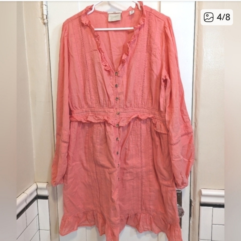 Scotch & Soda Organic Cotton Boho Ruffle Mini Dress XL Pink Button Front - Picture 9 of 10